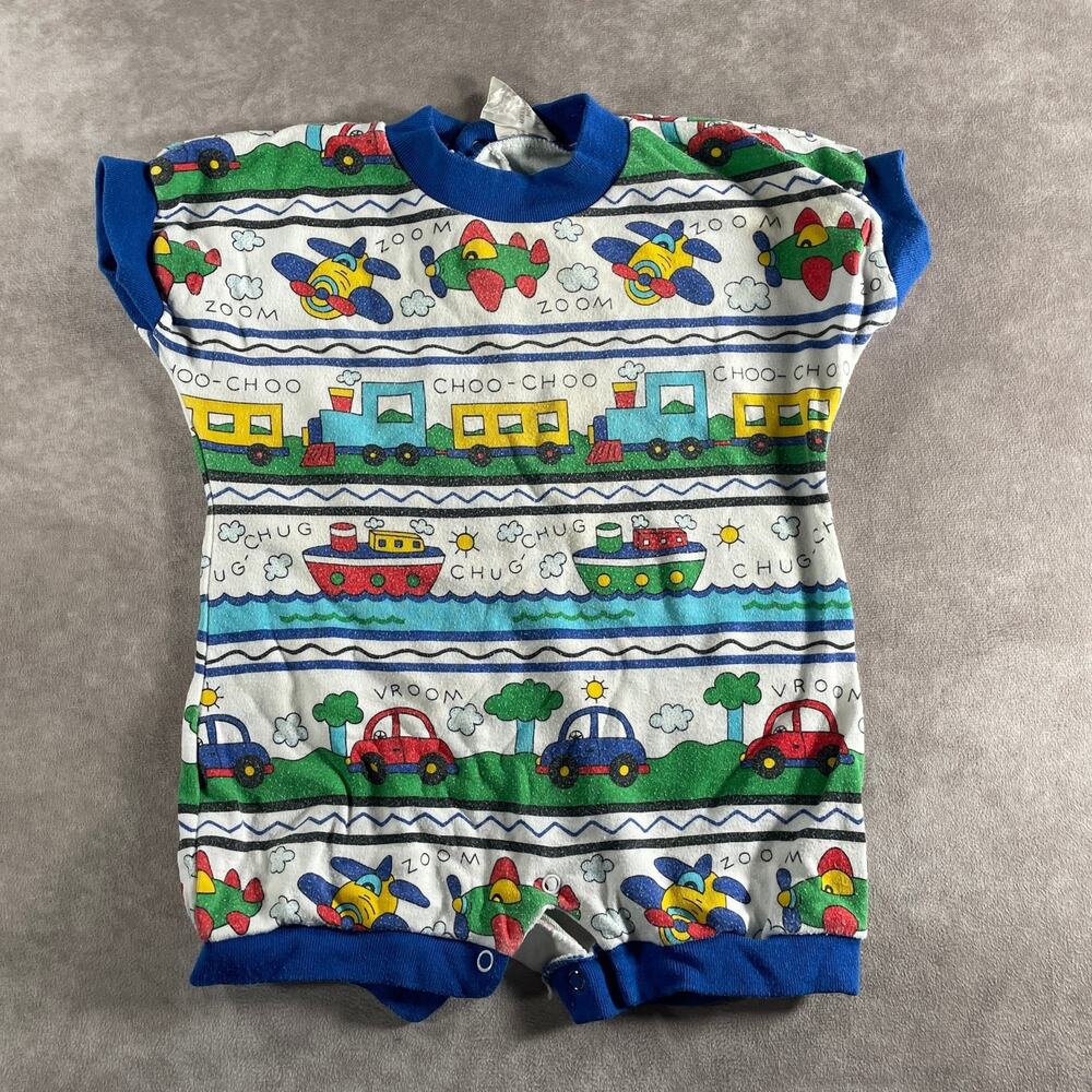Vintage Terry Wood Romper One-Piece Transportation Print Boys Size 6 Months